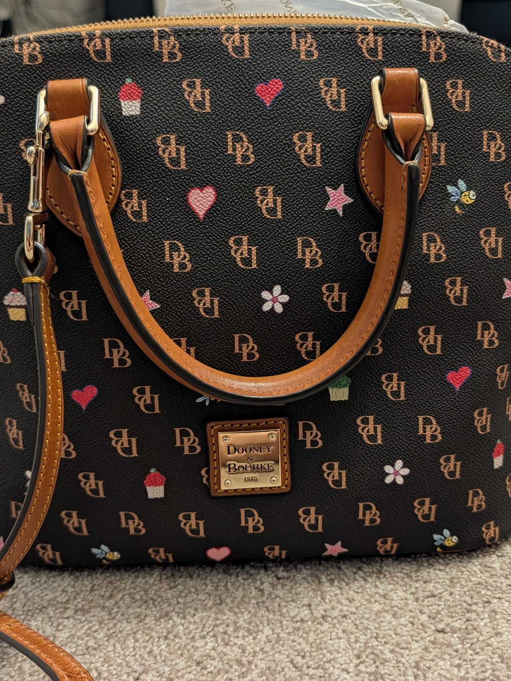 Dooney & Bourke Brown Signature Dome Satchel with Pink Accent Print
